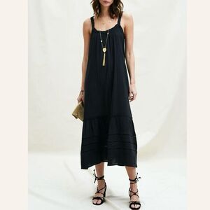 ASPIGA | Frankie Midi Dress Organic Cotton Black Ruffle Strap Gold | Size Large